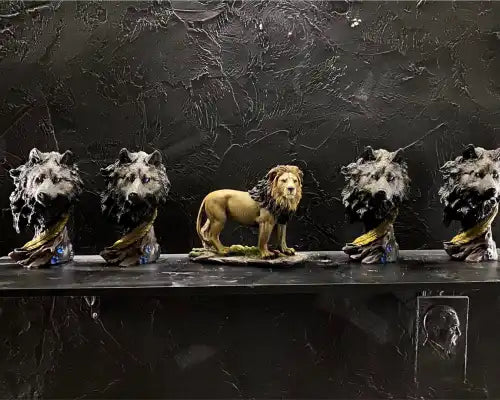 4 black wolves and one lion on the vanity front view